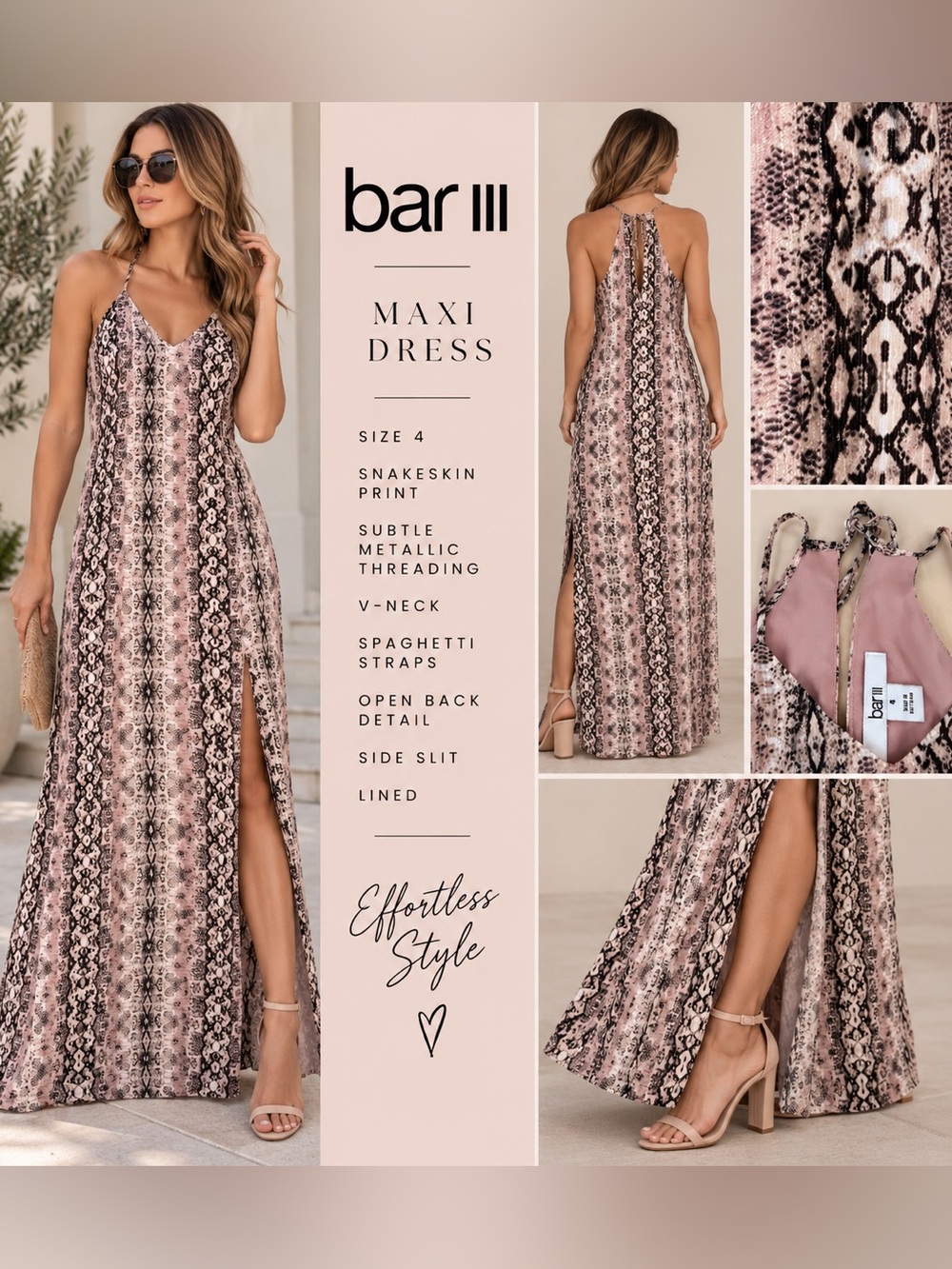 Bar III Pink Snakeskin Maxi Dress with V-Neck & Spaghetti Straps Size 4